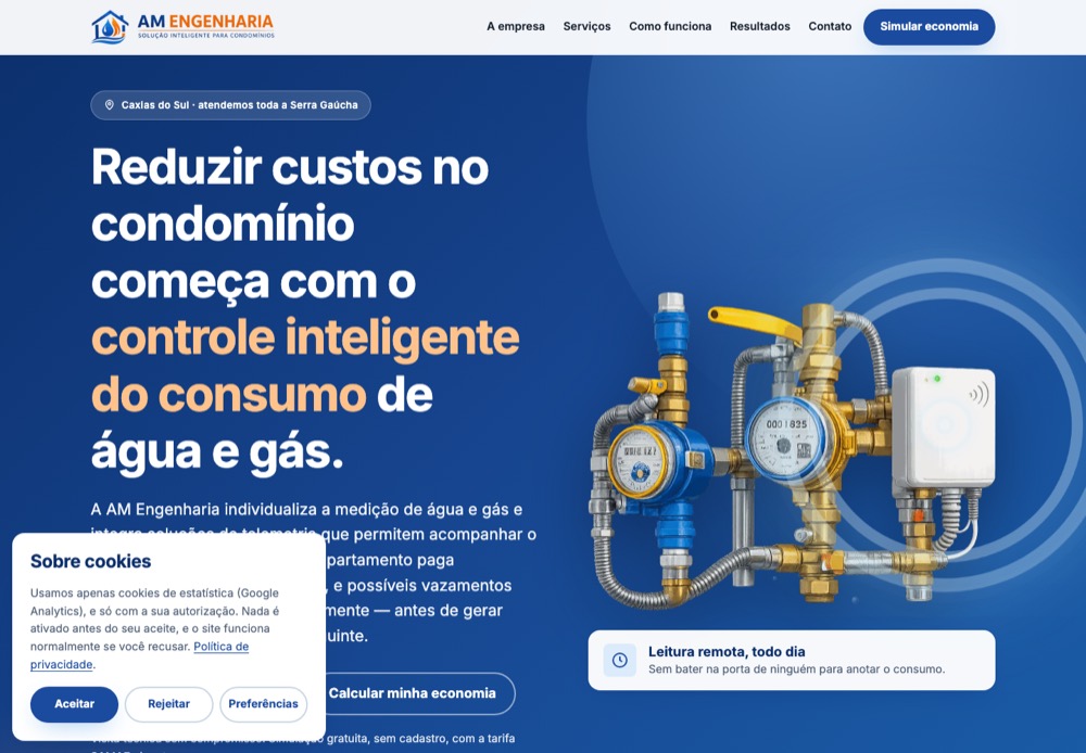 Abertura do site da AM Engenharia, com o título sobre reduzir custos no condomínio e a foto dos medidores de água e gás