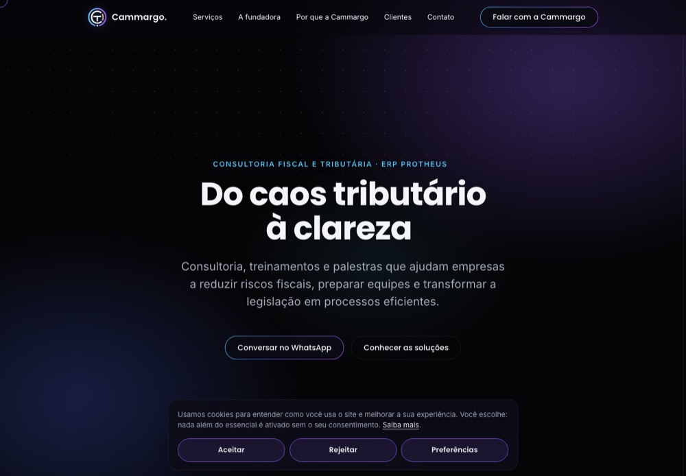 Abertura do site da Cammargo Soluções, escura, com o título Do caos tributário à clareza
