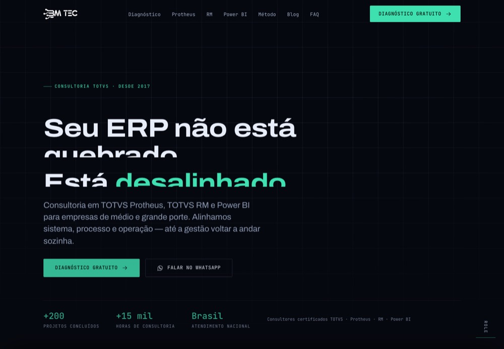 Abertura do site da BM Tec, escura, com o título Seu ERP não está quebrado, está desalinhado