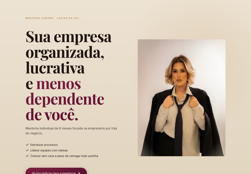 Abertura da página de captura da mentoria da Driéle Castro, clara, com a foto da mentora ao lado do título