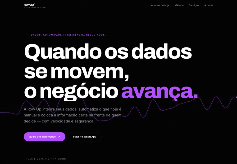Abertura do site da Row UP, com a faixa de palavras em movimento e o convite ao diagnóstico